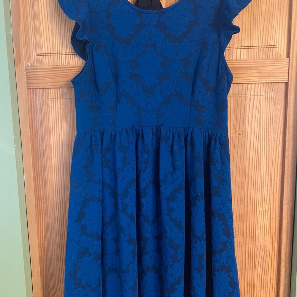 Black and blue shirt sleeve dress.